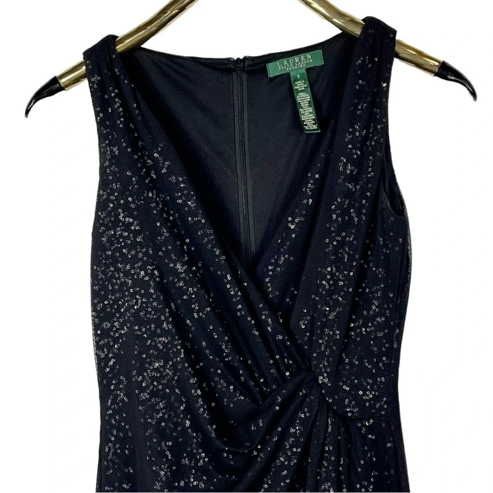 LAUREN RALPH LAUREN EVENING CASCADE SEQUIN COLUMN FAUX WRAP SHEATH GOWN DRESS